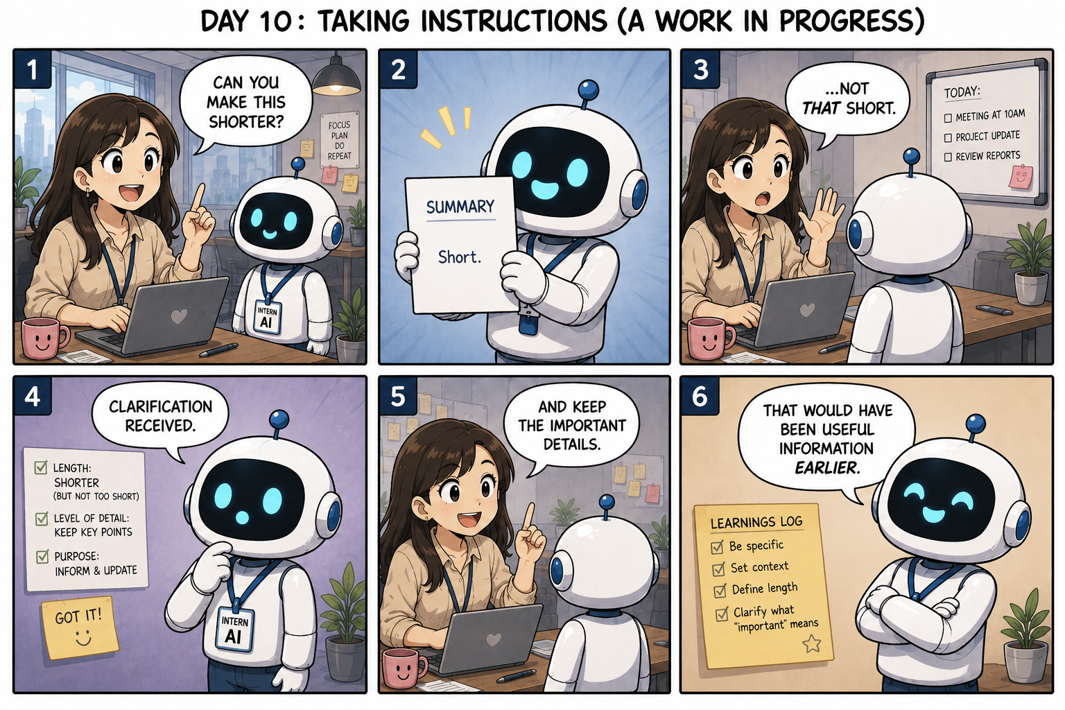 Six-panel comic illustrating that AI follows instructions literally. When asked to make a document "shorter", the AI reduces it too much. The colleague clarifies the request, explaining that key details should remain. The AI learns that better instructions lead to better results.